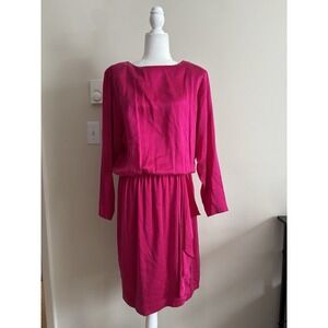 Vintage 80s Dress Womens Large Gigi by Gillian Hot Pink 100% Silk Shoulder Pads